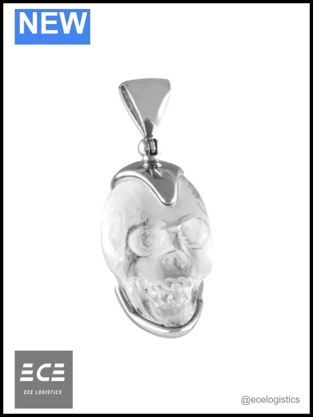 Hand Carved Clear Quartz Crystal Skull Pendant Sterling Silver 1.5 in